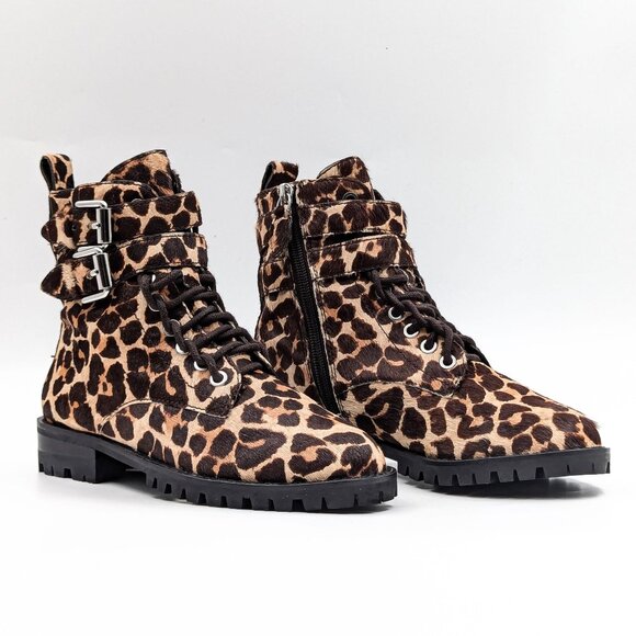 Rebecca Minkoff Women Jaiden Leopard Print Zip Lace-up Combat Boots size 5.5 - Picture 1 of 12